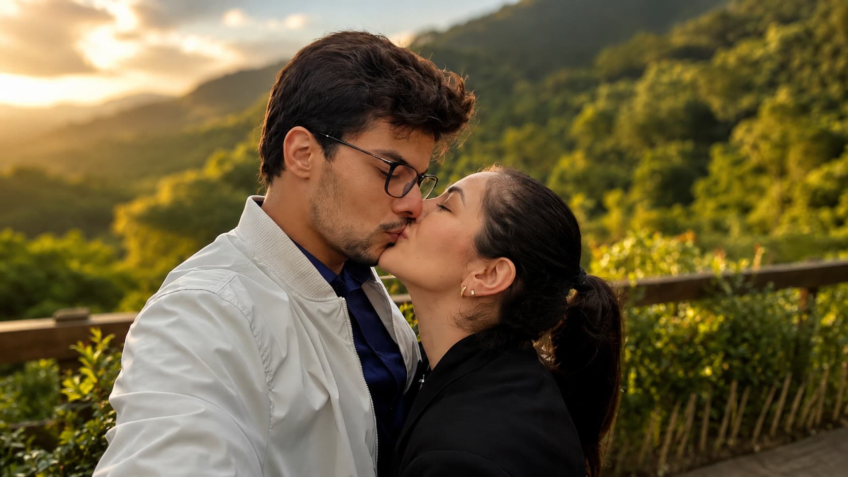 Caroline e Julio se beijando no mirante ao pôr do sol